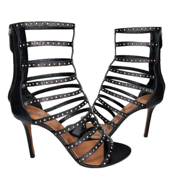 ALAÏA Studded Caged Leather T-Strap Pumps - Picture 4 of 6